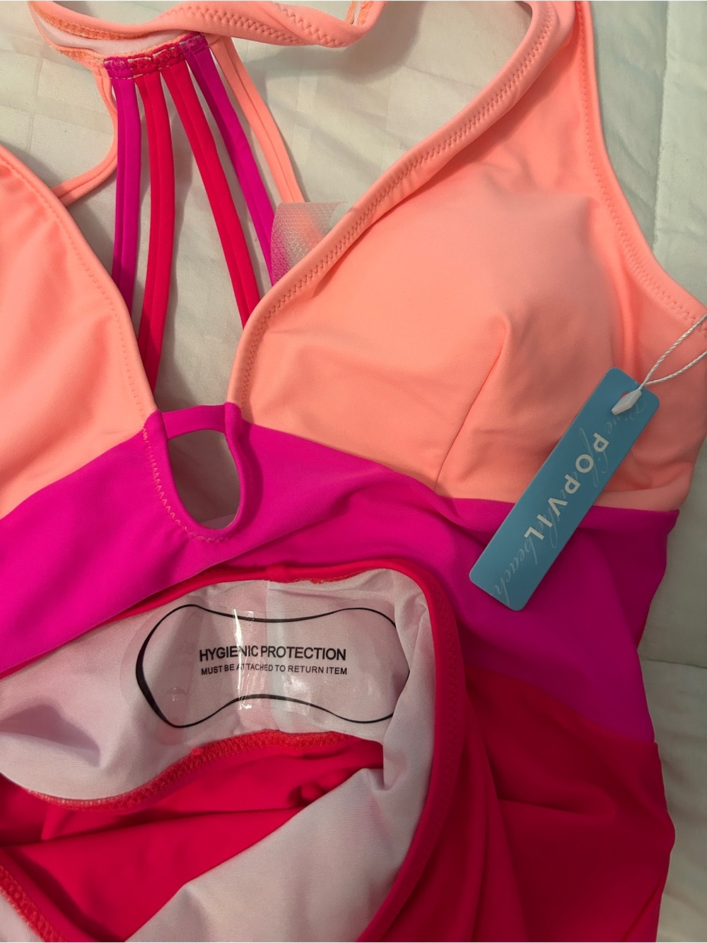NWT Popvil Color Block Pink Coral One-Piece Swimsuit with Strappy Back SZ Large - Picture 8 of 12